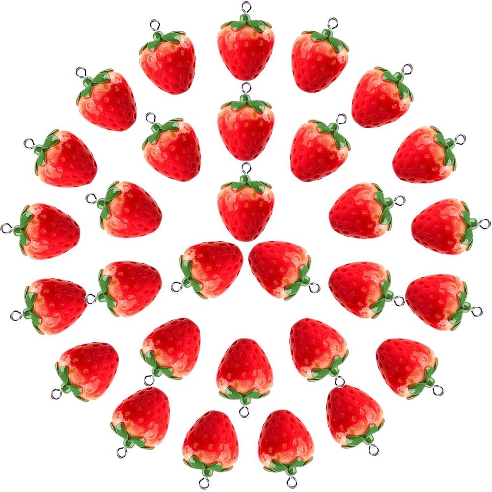 8973 30Pcs 3D Red Strawberry Pendants, Cute Resin Hanging Fruit Beads DIY